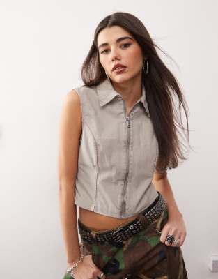 Monki - Twill-Weste in Beige mit Reißverschluss-Neutral