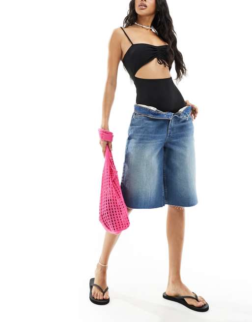 Monki twist front swimsuit in black, 4 of 4