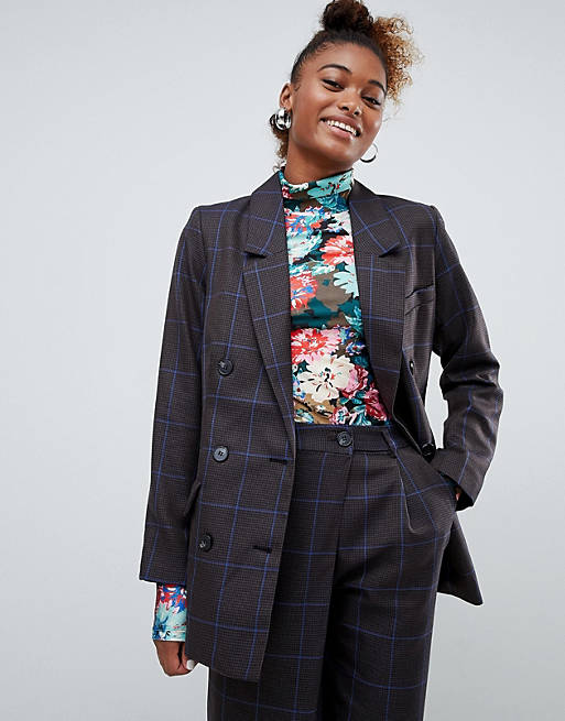 Monki two-piece check double breasted blazer in gray