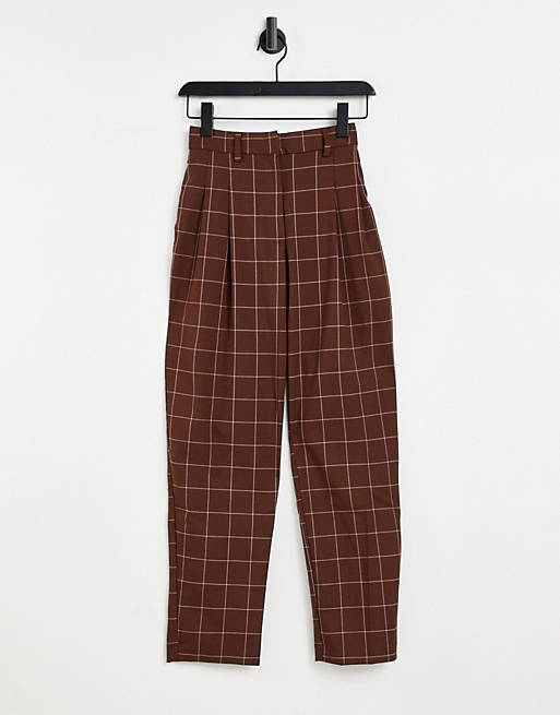 Women Monki Tyra recycled check trousers in brown 