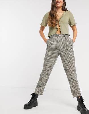 Monki Tyra tapered heritage check trousers in brown