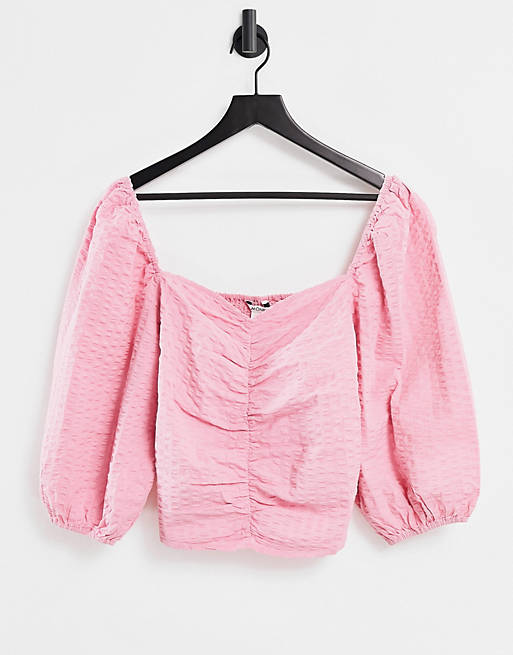 Tops Shirts & Blouses/Monki Uma organic cotton puff sleeve ruched top in pink 