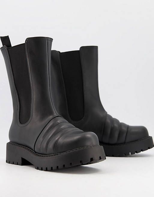 Monki Uno faux leather chunky tall boot in black