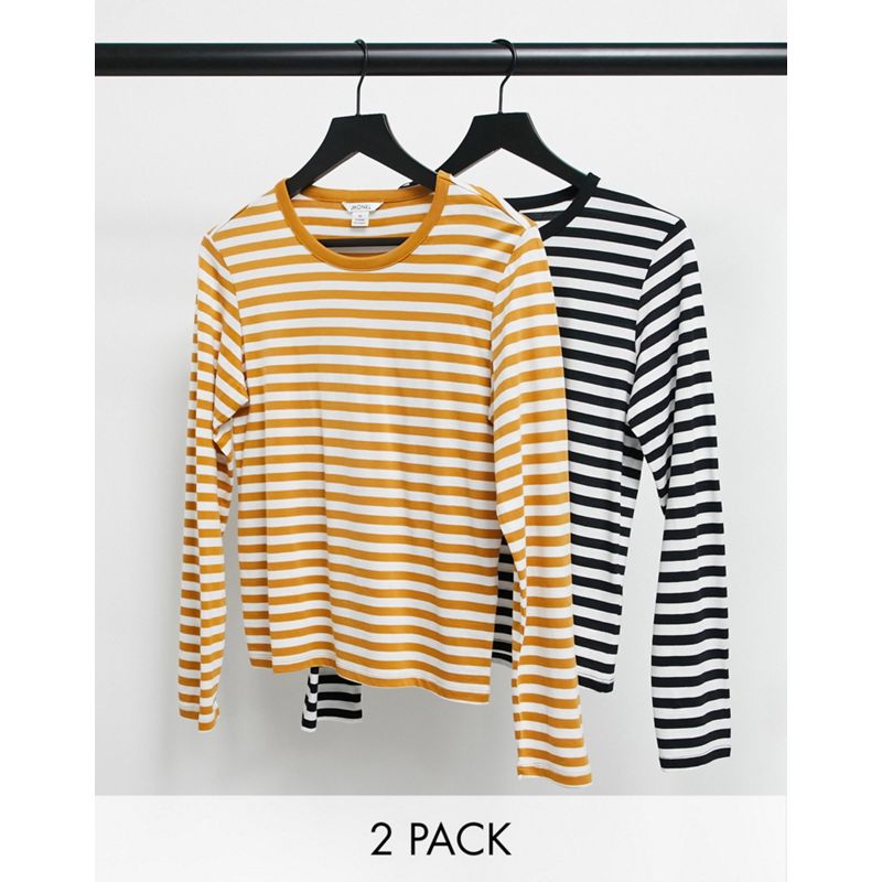 Confezioni multipack zNcJt Monki - Ursula - Confezione da 2 t-shirt a maniche lunghe in misto cotone organico a righe nere e gialle