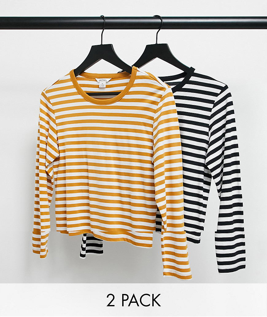 Monki Ursula organic blend cotton 2 pack long sleeve t-shirt in black and yellow stripe-Multi