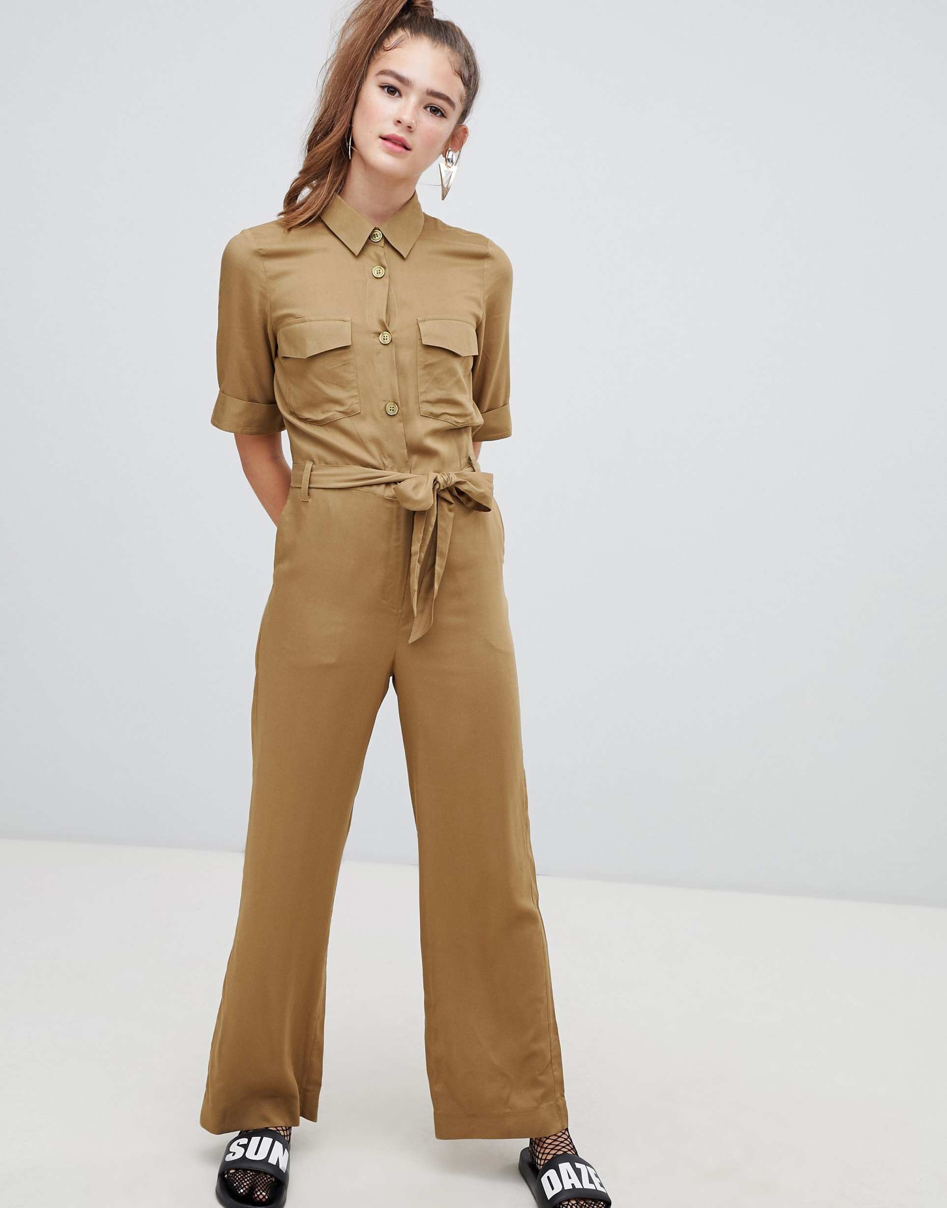 Monki utility belted boilersuit in khaki, 1 of 4 