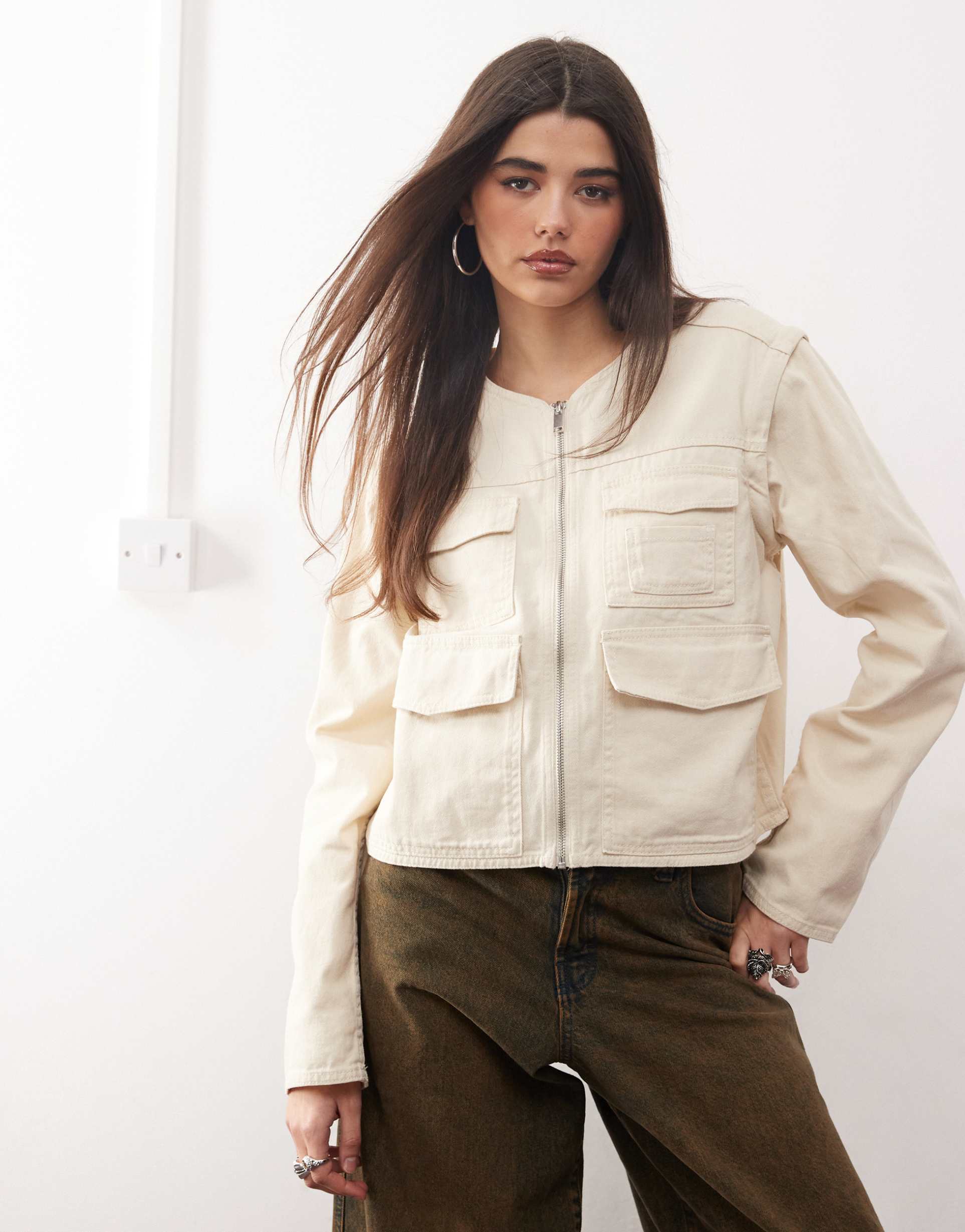 monki utility jacket with zip off sleeves in beige