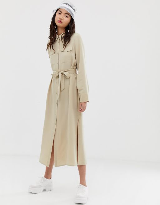 Monki utility midi shirt dress in beige ASOS Monki utility midi shirt dress in beige ASOS