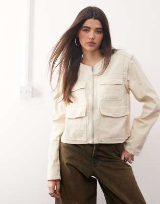 Monki utlity jacket with zip off sleeves in beige-Neutral