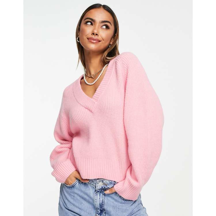 V-Neck Crop Hand-Knit Chunky Cardigan in Pink