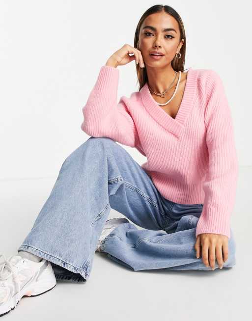 Monki v neck boxy knitted sweater in pink ASOS