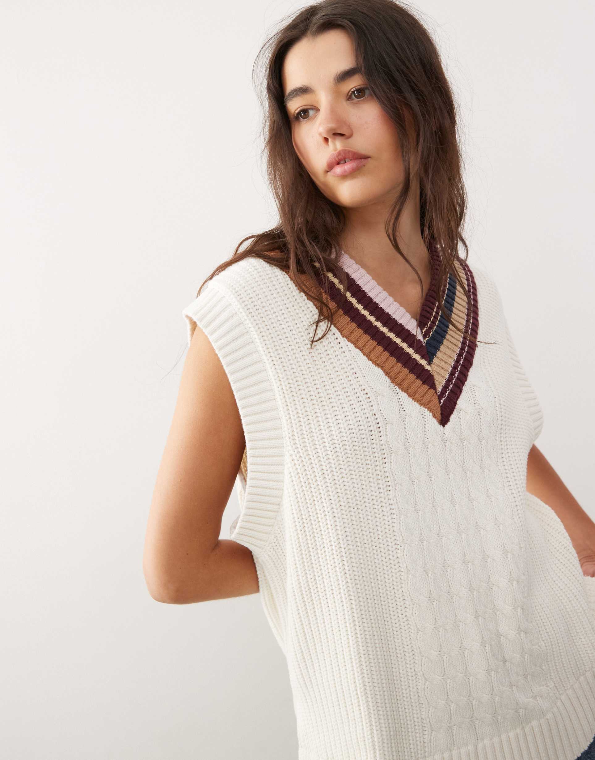 monki v-neck knit tank top with contrast varsity stripe neckline in off white
