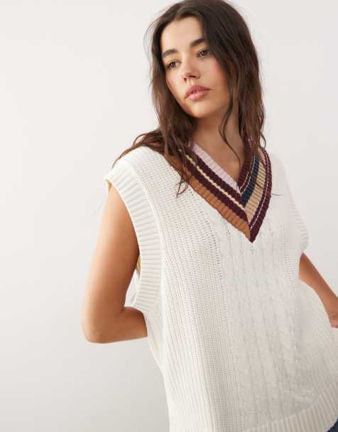 Monki v-neck knitted vest with contrast varisty stripe neckline in off white - view 1