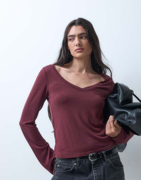 Monki v-neck long sleeve soft touch top co-ord in burgundy - view 1