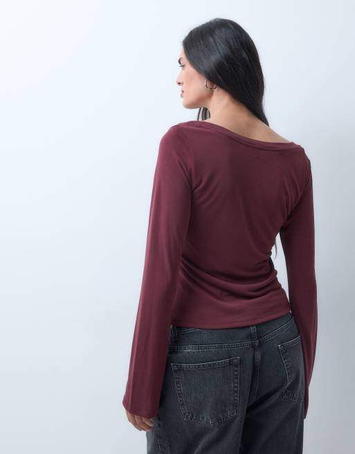 Monki v-neck long sleeve soft touch top set in burgundy, 3 of 5