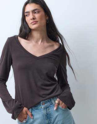 Monki V-neck Long Sleeve Soft Touch Top Set In Brown