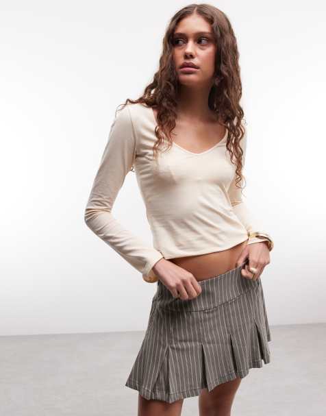 Monki v-neck long sleeve top in beige - view 1