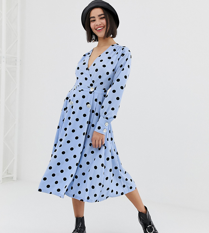 Monki v-neck midi dress with button details and polka dot print-Blue