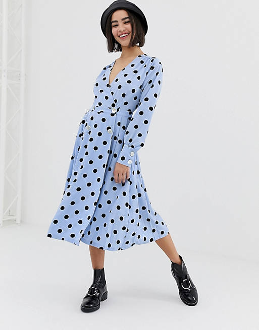 Monki v-neck midi dress with button details and polka dot print