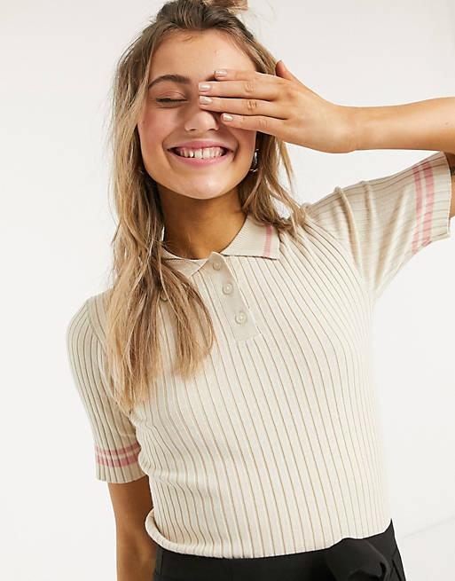Martyr peaceful hope Monki Valle knitted short sleeve polo shirt with pink stripe in beige | ASOS