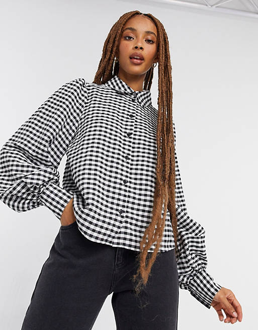 Tops Monki Vallon blouse with volume sleeves in gingham 