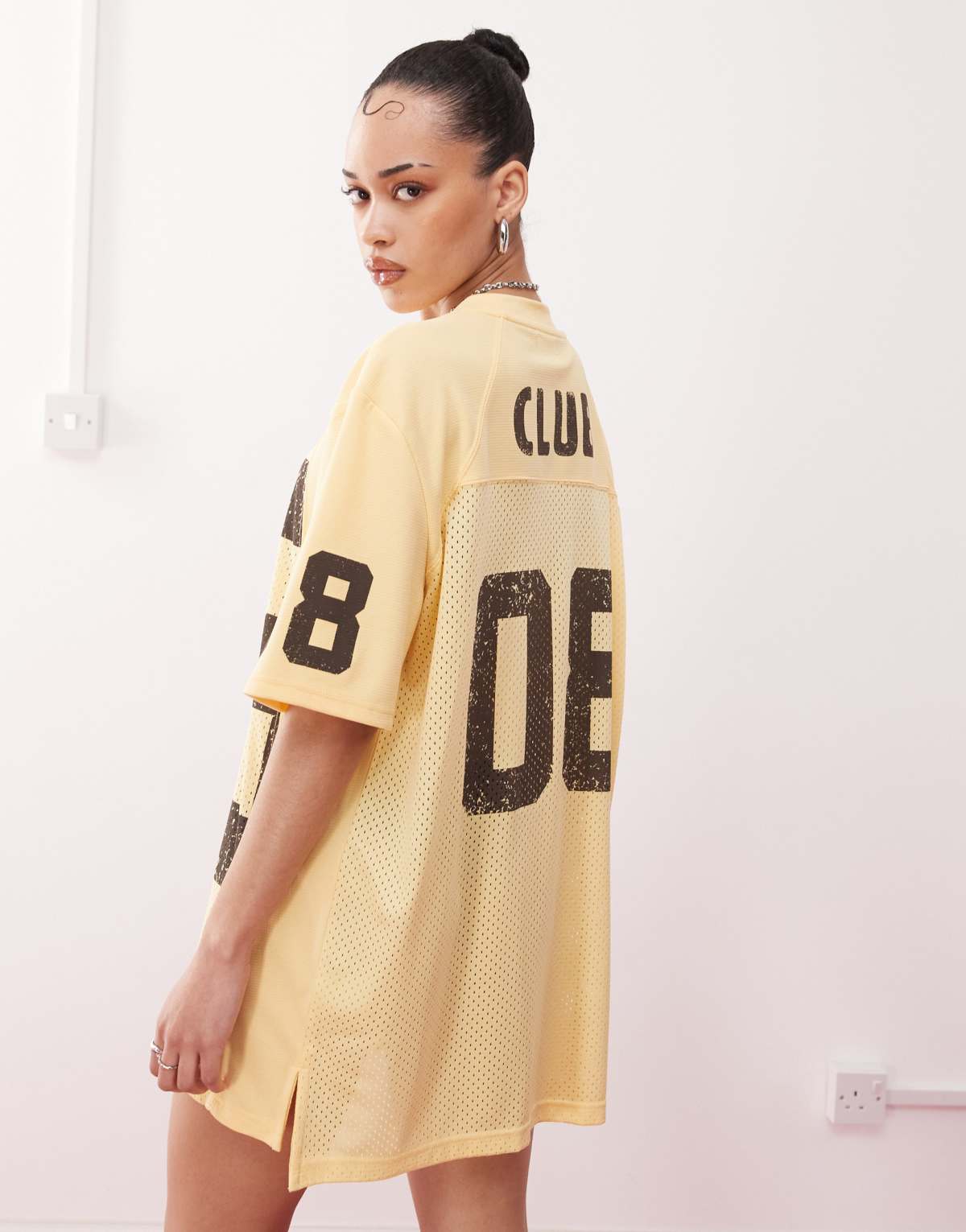 Monki varsity mini t-shirt dress in beige and brown