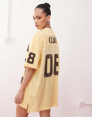 varsity mini t-shirt dress in butter yellow and brown