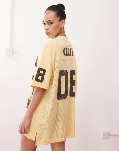 Monki varsity mini t-shirt dress in butter yellow and brown  - view 1