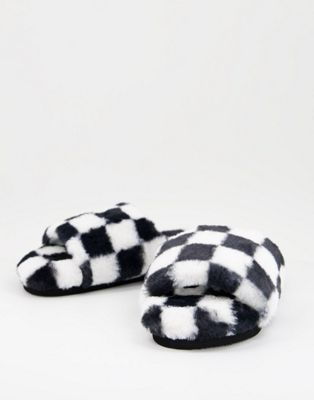 Monki checkerboard print slippers in white - MULTI