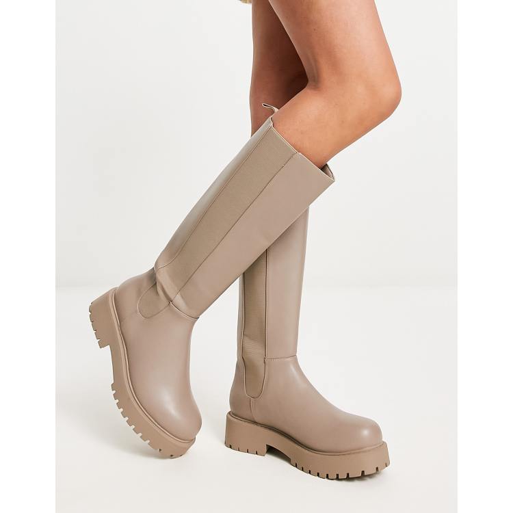 Beige flat best sale knee high boots