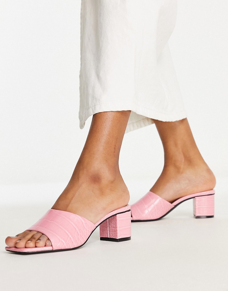 Monki Leather Faux Croc Heeled Mule Sandals In Pink - Pink