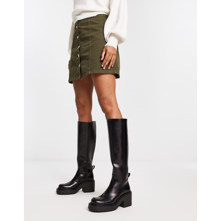 kilometer frivillig ciffer Monki vegan leather heeled platform knee high boots in black | ASOS