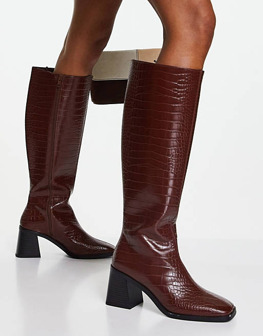 Boots/Monki vegan leather knee high heeled croc boots in brown 