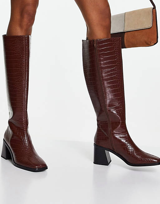 Monki vegan leather knee high heeled croc boots in brown