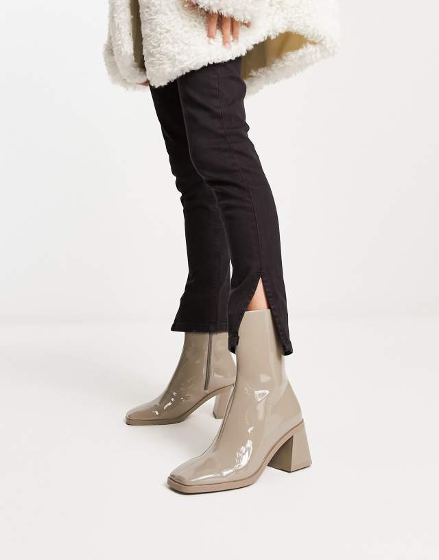 Monki vegan patent heeled boot in taupe