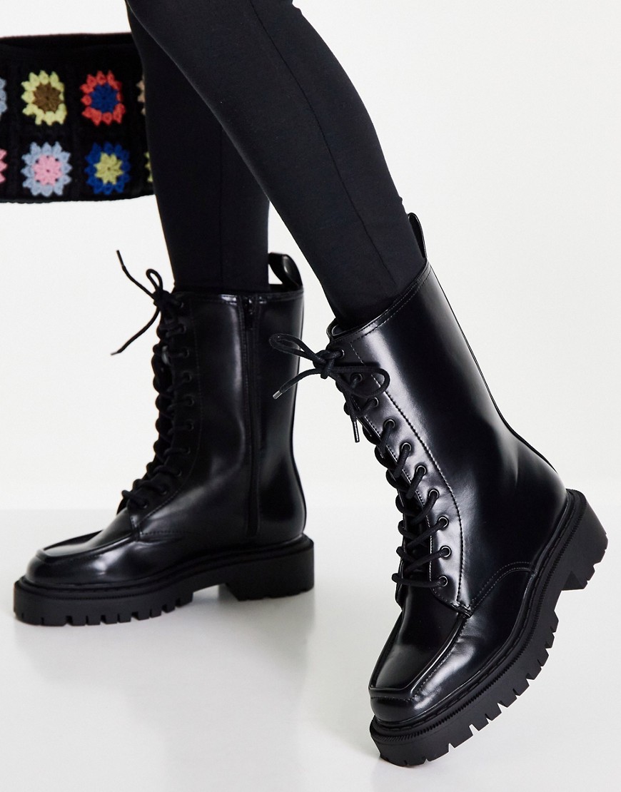 Monki Tall Lace Up Chunky Boots In Black - Black