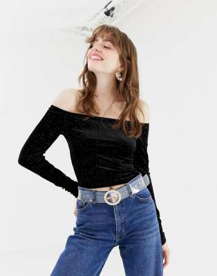 black glitter bardot top