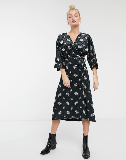 Monki velvet midi floral print wrap dress in black