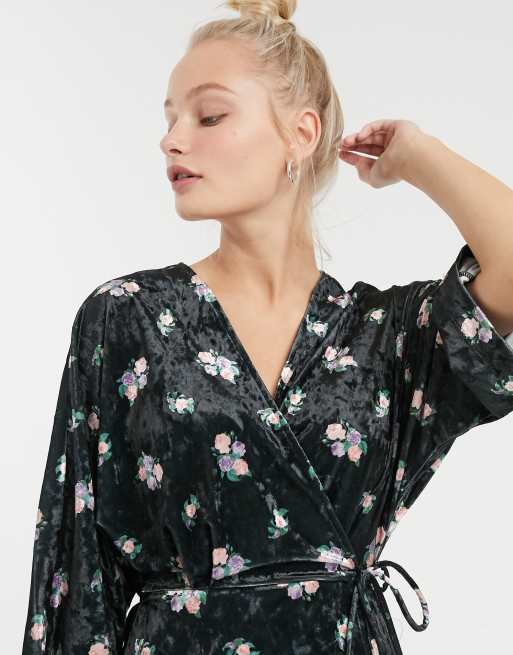 Monki velvet midi floral print wrap dress in black