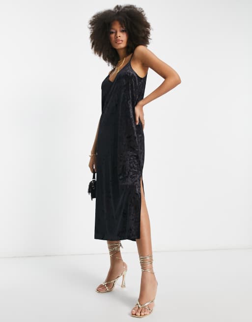 Monki velvet midi slip dress in black | ASOS