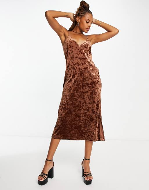 Monki velvet midi slip dress in brown