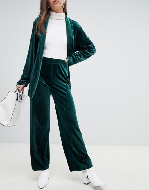 Monki velvet wide leg pants in green