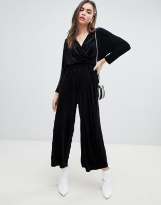 Monki velvet wrap front jumpsuit in black stripe