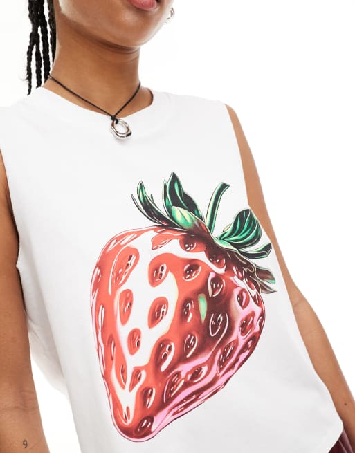 Monki vest top in white with strawberry front print , 3 of 4