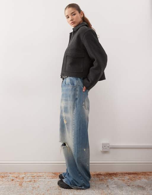 Monki - Veste courte en laine mélangée à col - Gris foncé