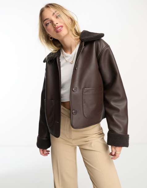 Monki - Veste courte en similicuir et imitation peau de mouton - Marron - view 1