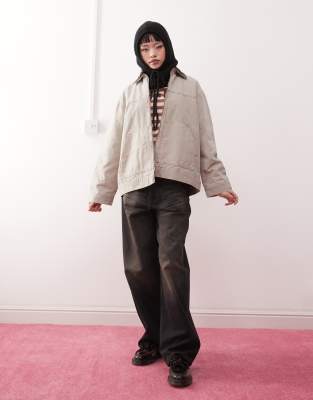 Monki - Veste courte en toile avec col en velours côtelé - Beige-Neutre