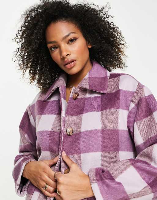 Monki Veste en laine brossee coupe carree a carreaux Violet