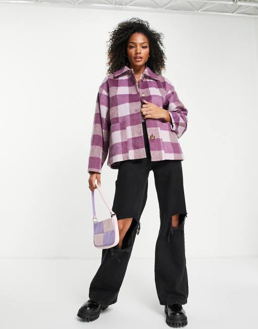 Monki Veste en laine brossee coupe carree a carreaux Violet