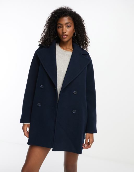 Monki Veste longue double boutonnage en laine m lang e Bleu fonc